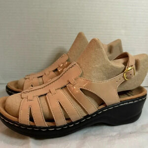 Clarks Beige Patent Leather Lexi Marigold Wedge Open Toe Sandals